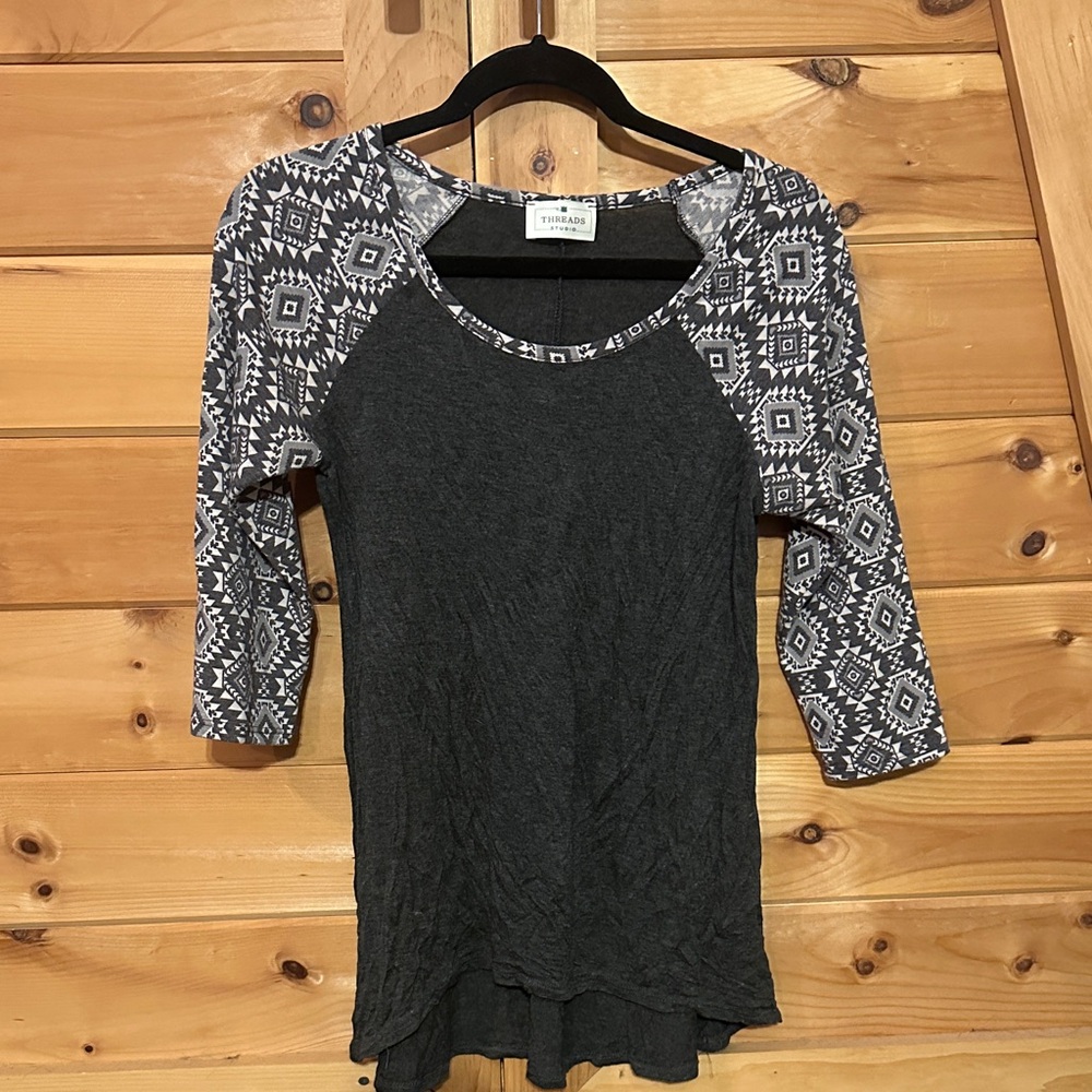 Black and Patterned Gray Long Sleeve Top